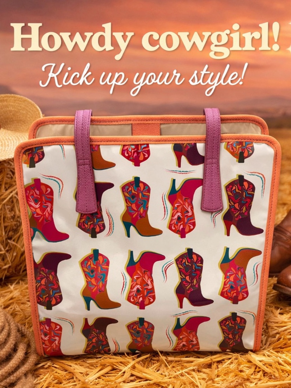 Colorful Catchfly Cowboy Boot Print Tote Bag